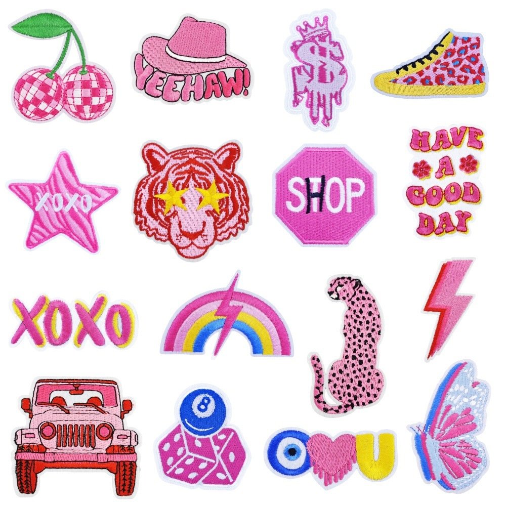 Pink coquette Y2K iron-on fabric patch set for DIY bags and clothing