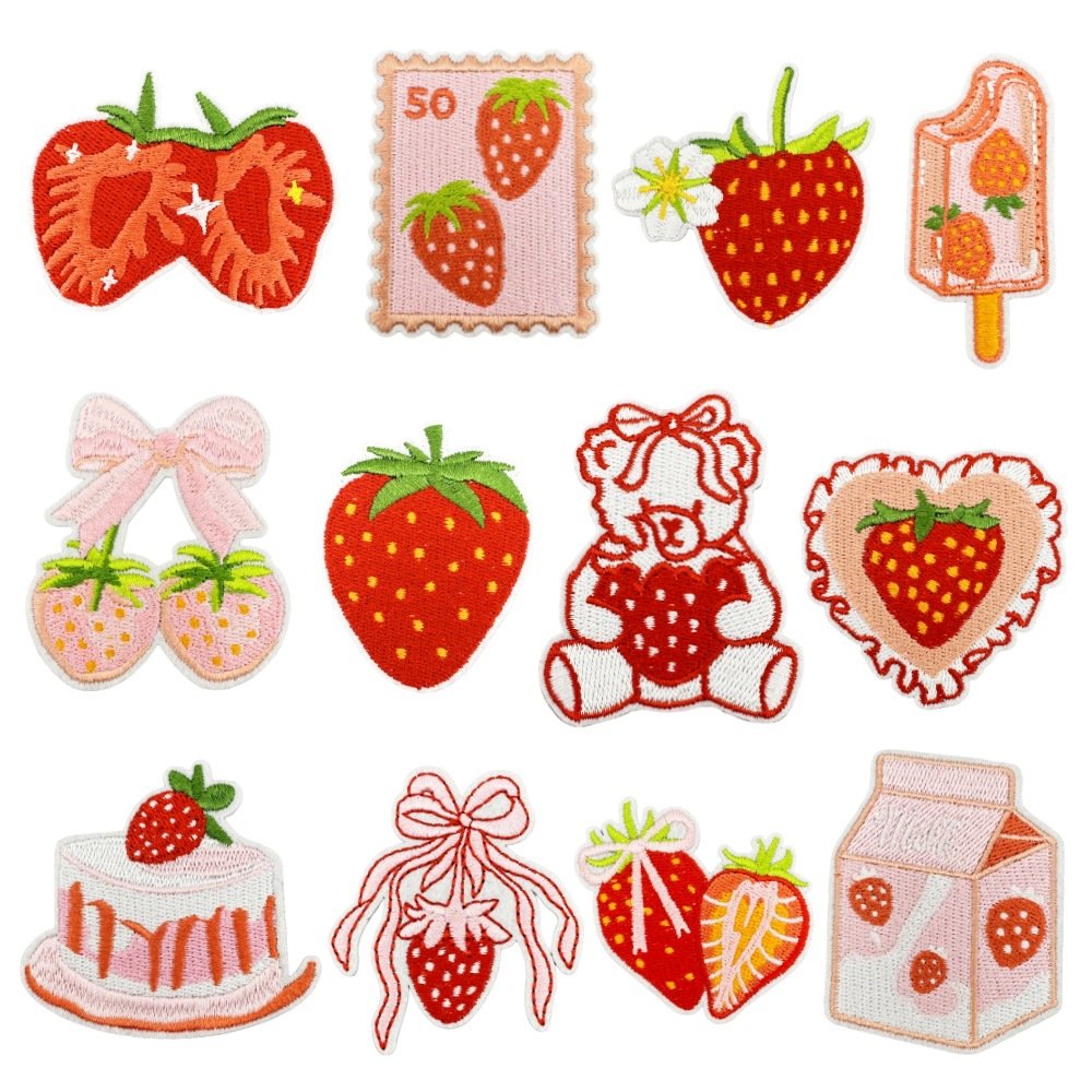 Strawberry kawaii iron-on fabric patch set for DIY bags and clothing