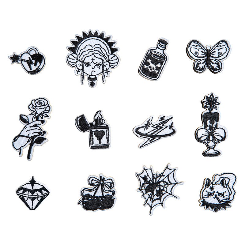 Black and white punk iron-on fabric patch set for DIY jackets and bags