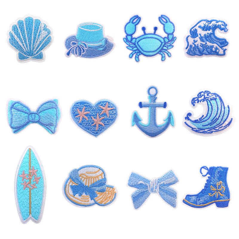 Blue Seaside iron-on fabric patch set for DIY bags and clothing