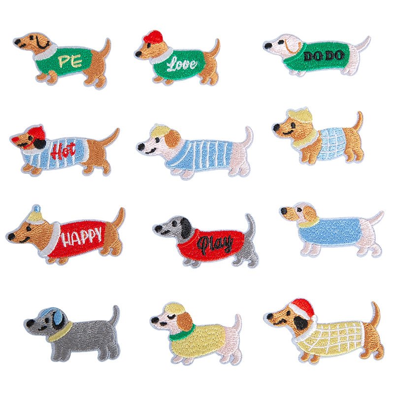 Cute dachshund iron-on fabric patch set for DIY bags and clothing