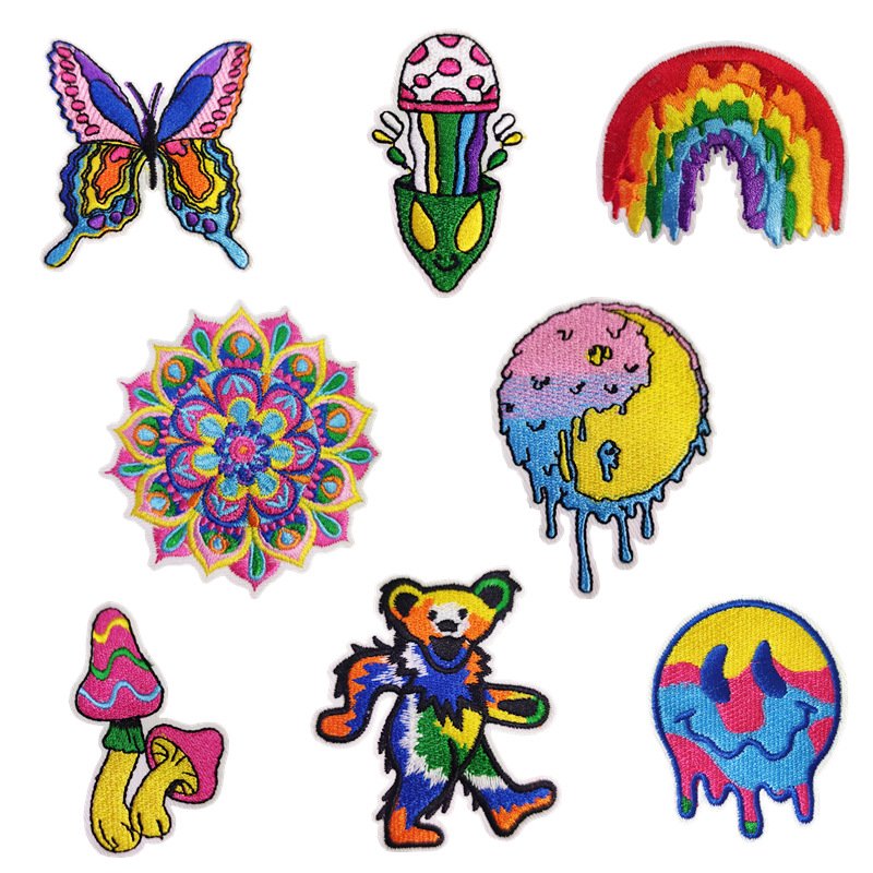Psychedelic rainbow iron-on fabric patch set for DIY bags and clothing