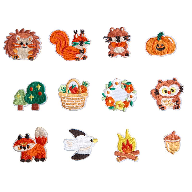 Fall woodland animal iron-on fabric patch set for DIY bags and clothing