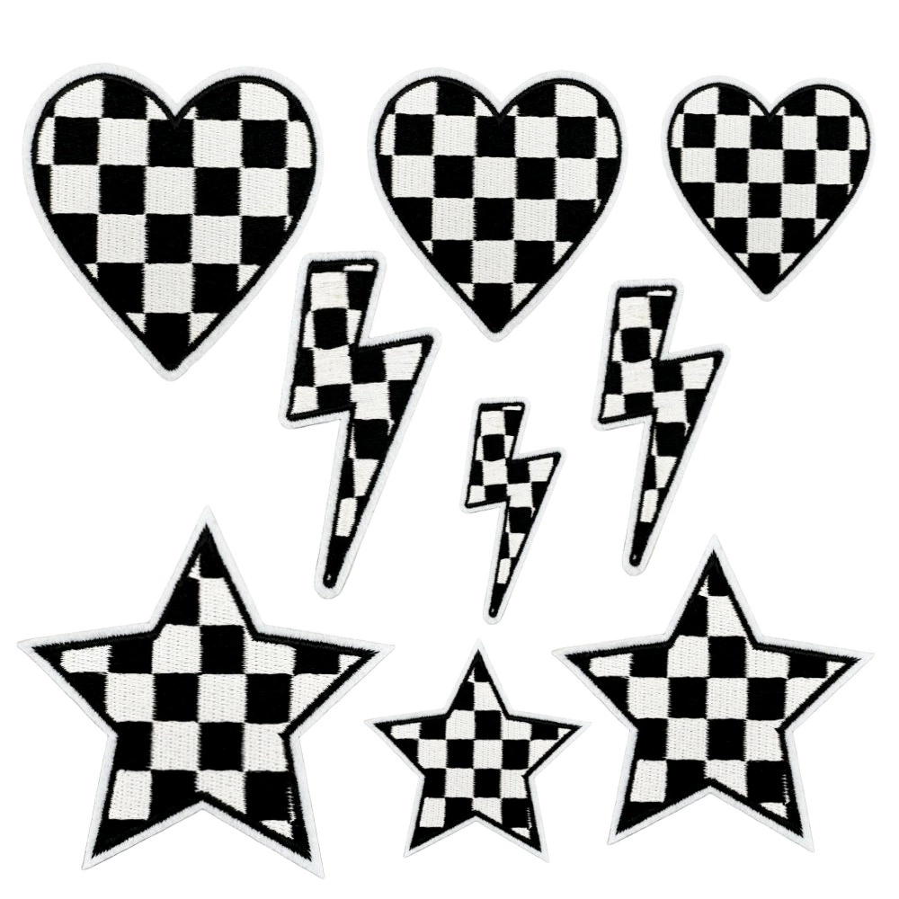 Checkerboard heart iron-on fabric patch set for DIY jackets and bags