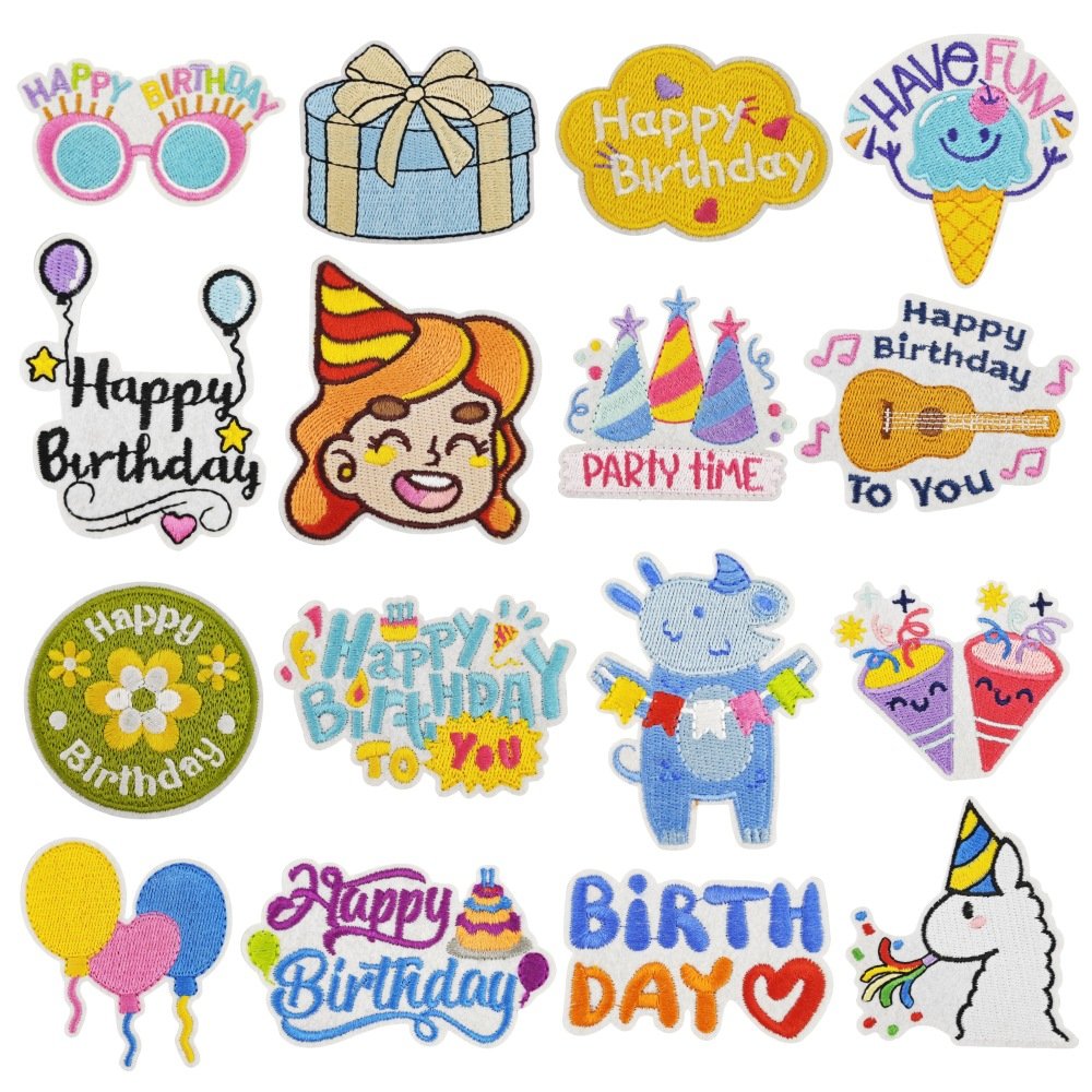 Birthday cake and party iron-on fabric patch set for DIY bags and clothing